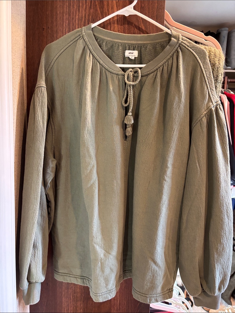 aerie Olive Green Tassel-Detail Pullover Sweatshirt
